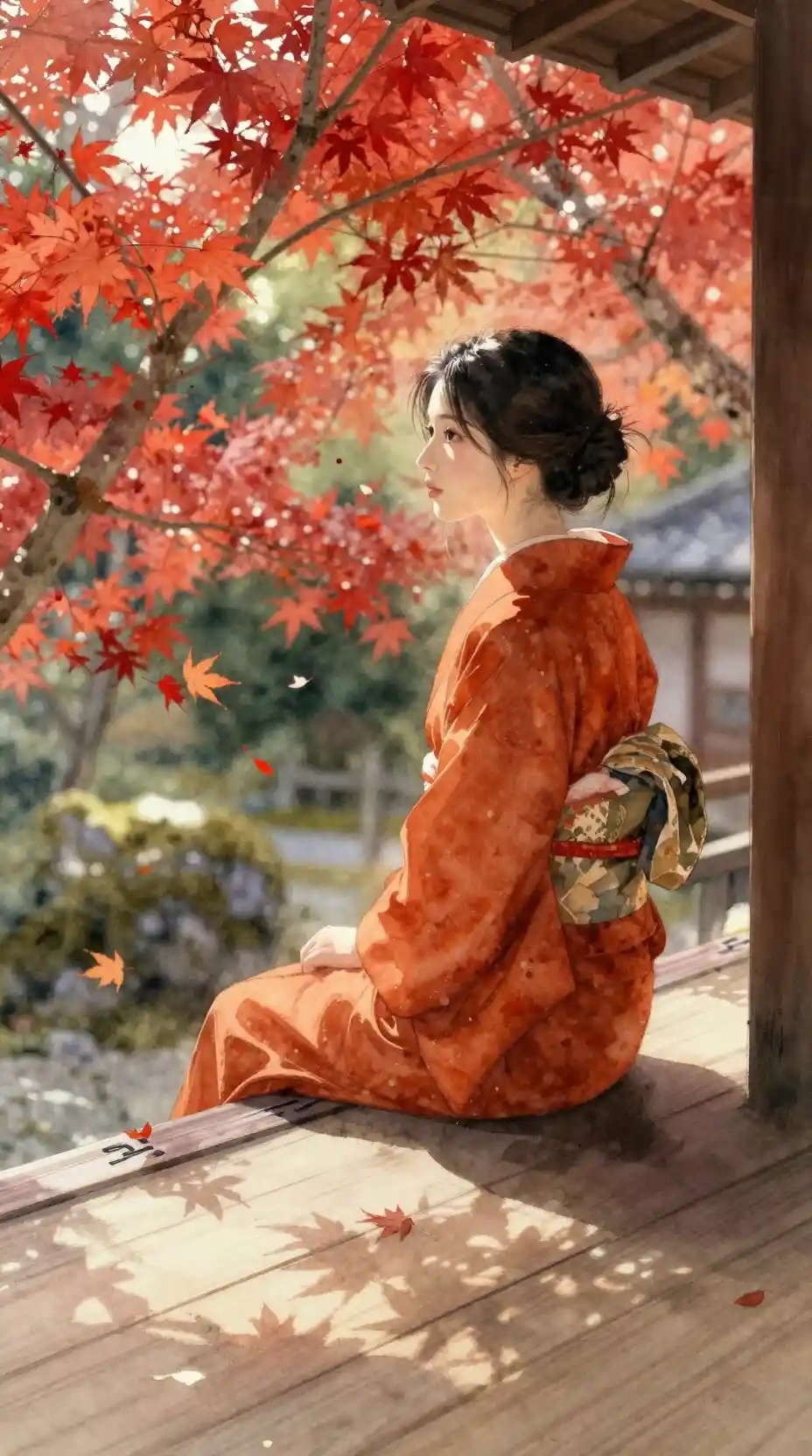 Woman in orange kimono on temple veranda in autumn garden