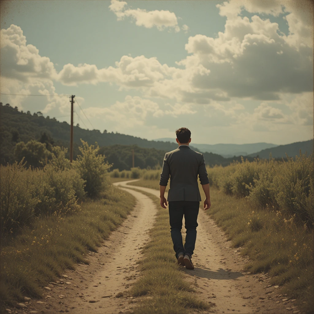 Man walking alone on a desert path looking to the sky
