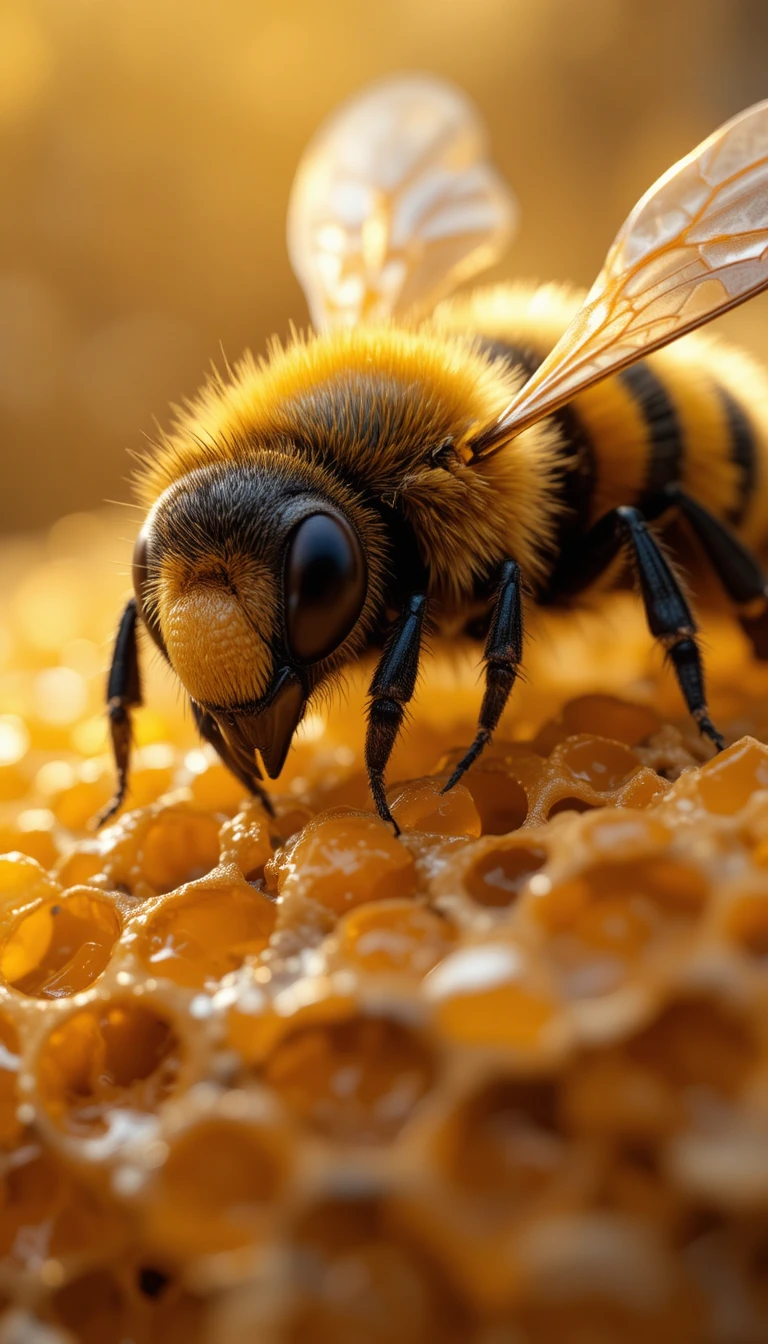 Abeja en CGI realista descansando dentro de una colmena de miel dorada