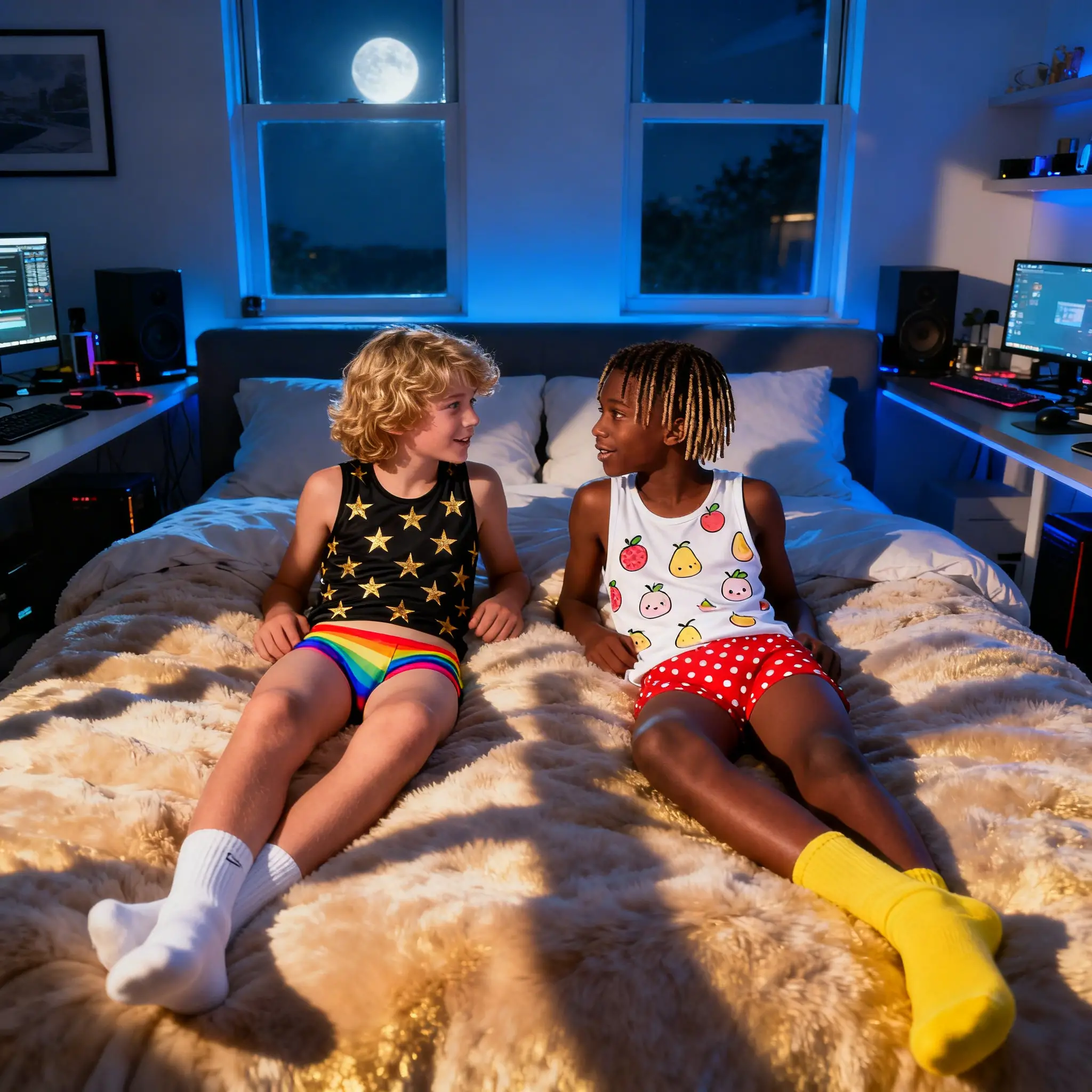 Two boys talking together on a moonlit bedroom bed