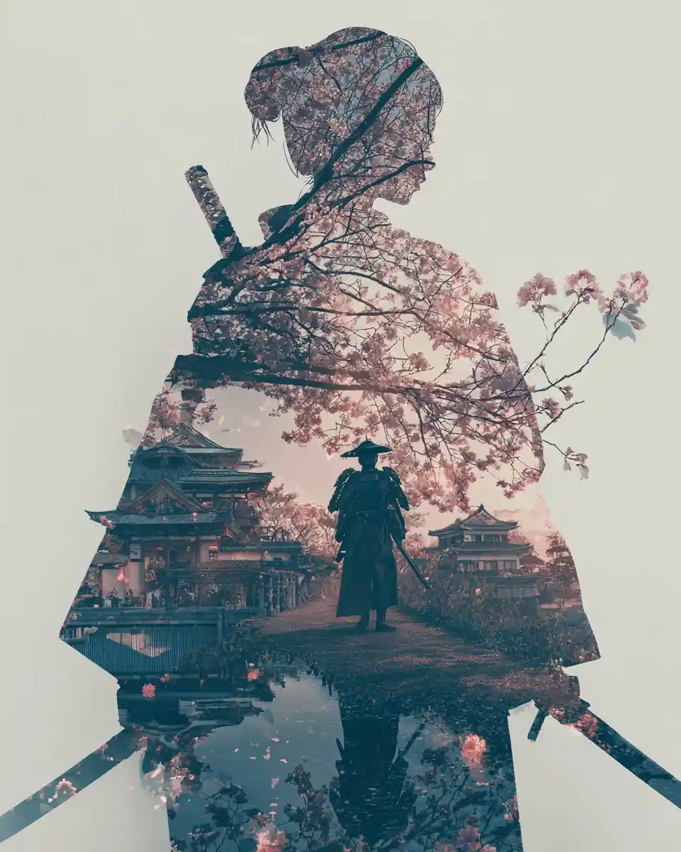 Silhouettes of geisha and samurai with cherry blossoms