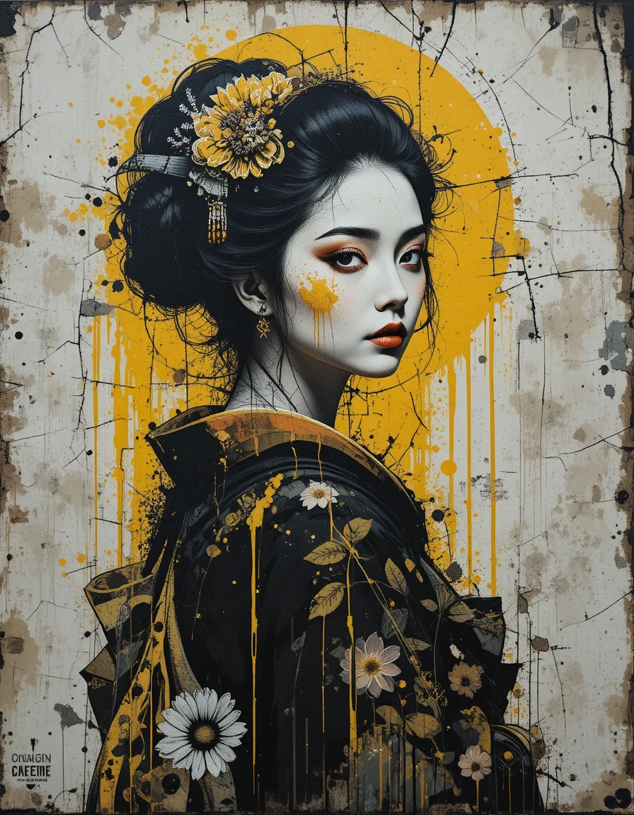 Gritty vintage portrait of a geisha against concrete wall