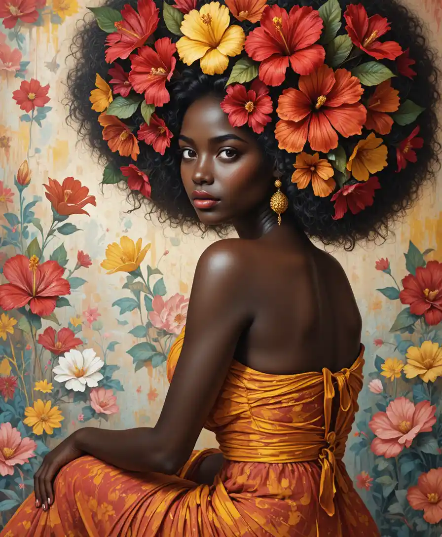 African portrait of a woman with hibiscus flower afro hair
