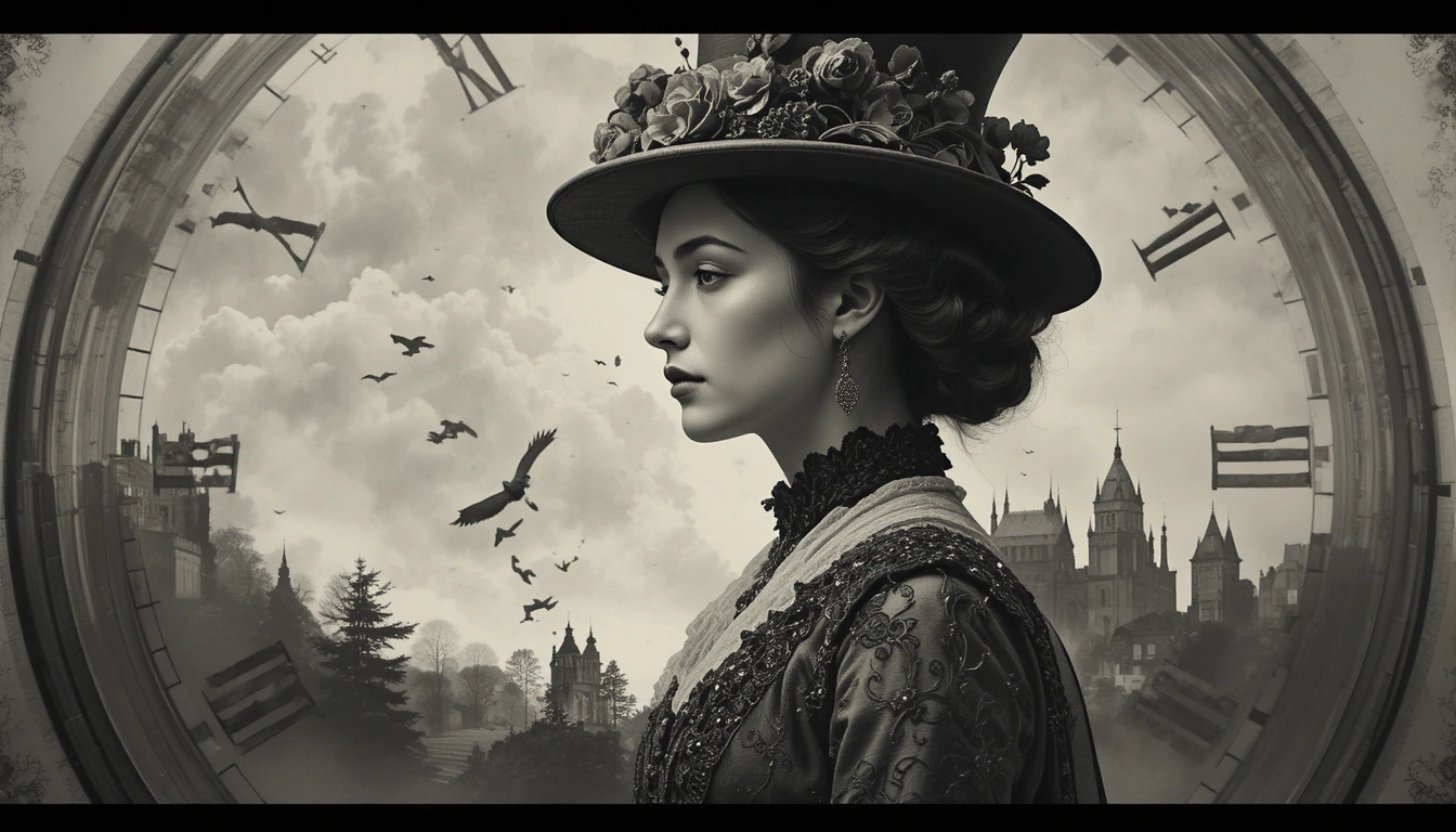 Eighteenth century lady portrait in double exposure collage