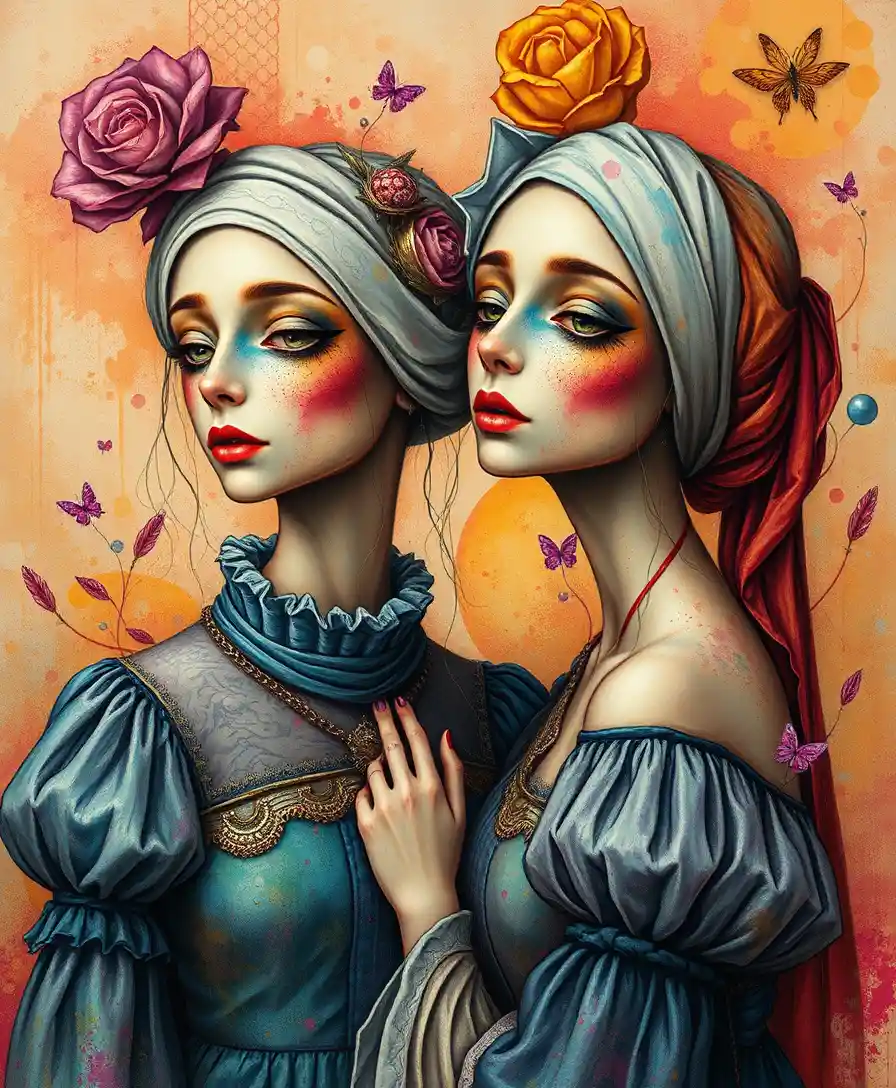 Surreal sisters in vibrant popsurreal fantasy painting