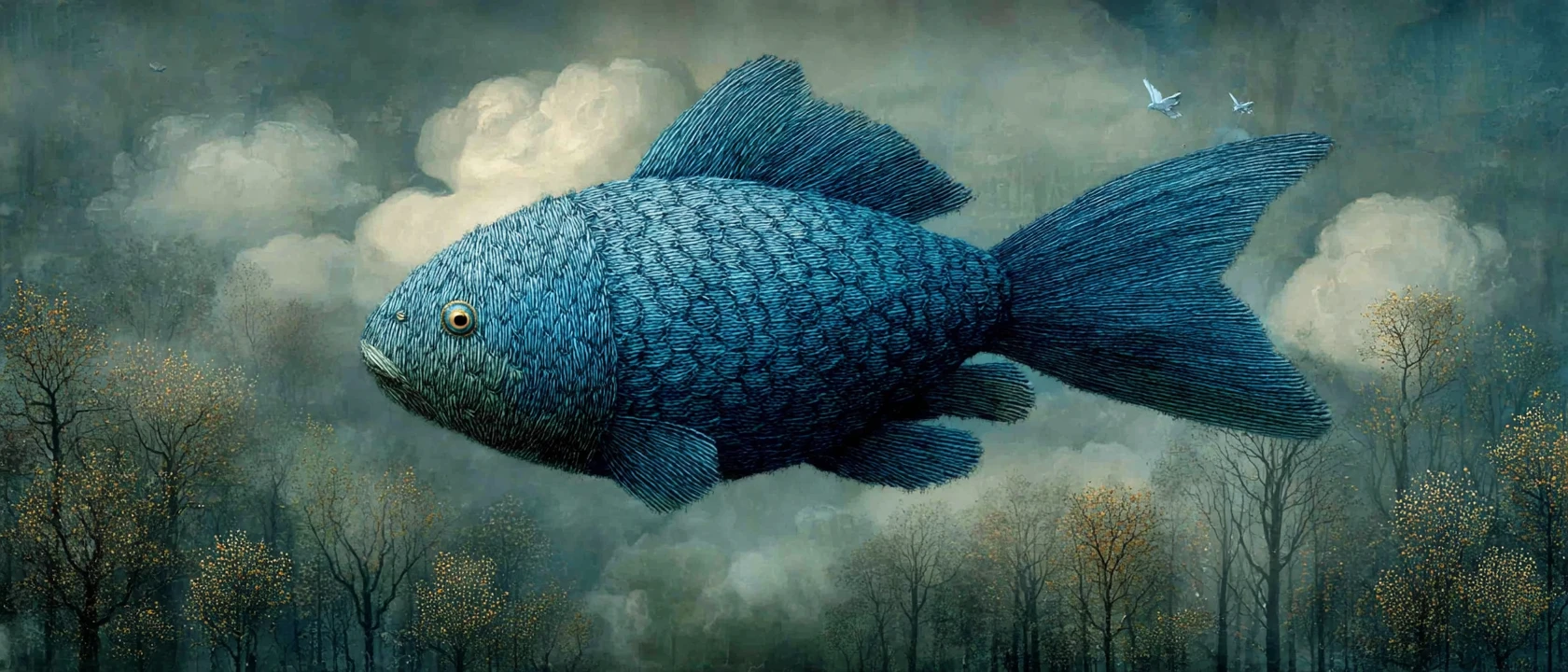 Pez azul surrealista volando entre nubes en el bosque