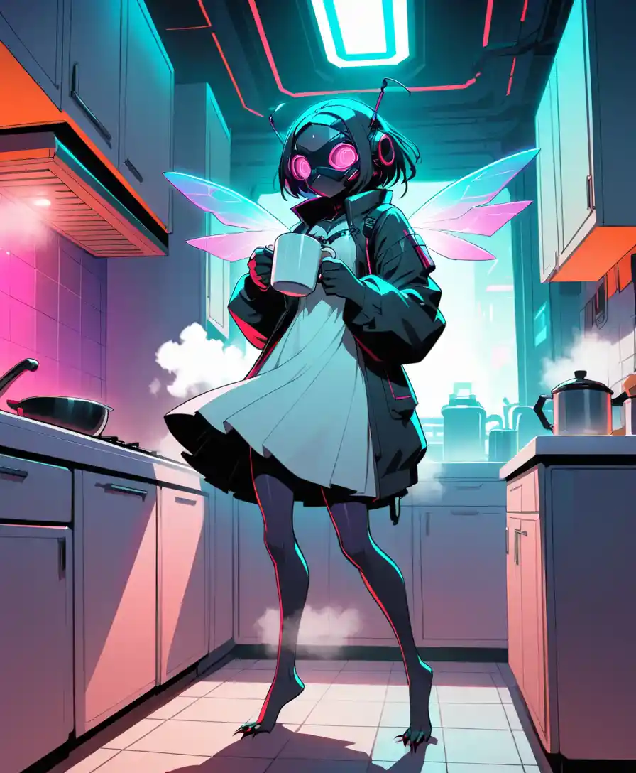 Cyberpunk fly in a nightgown walking through neon kitchen
