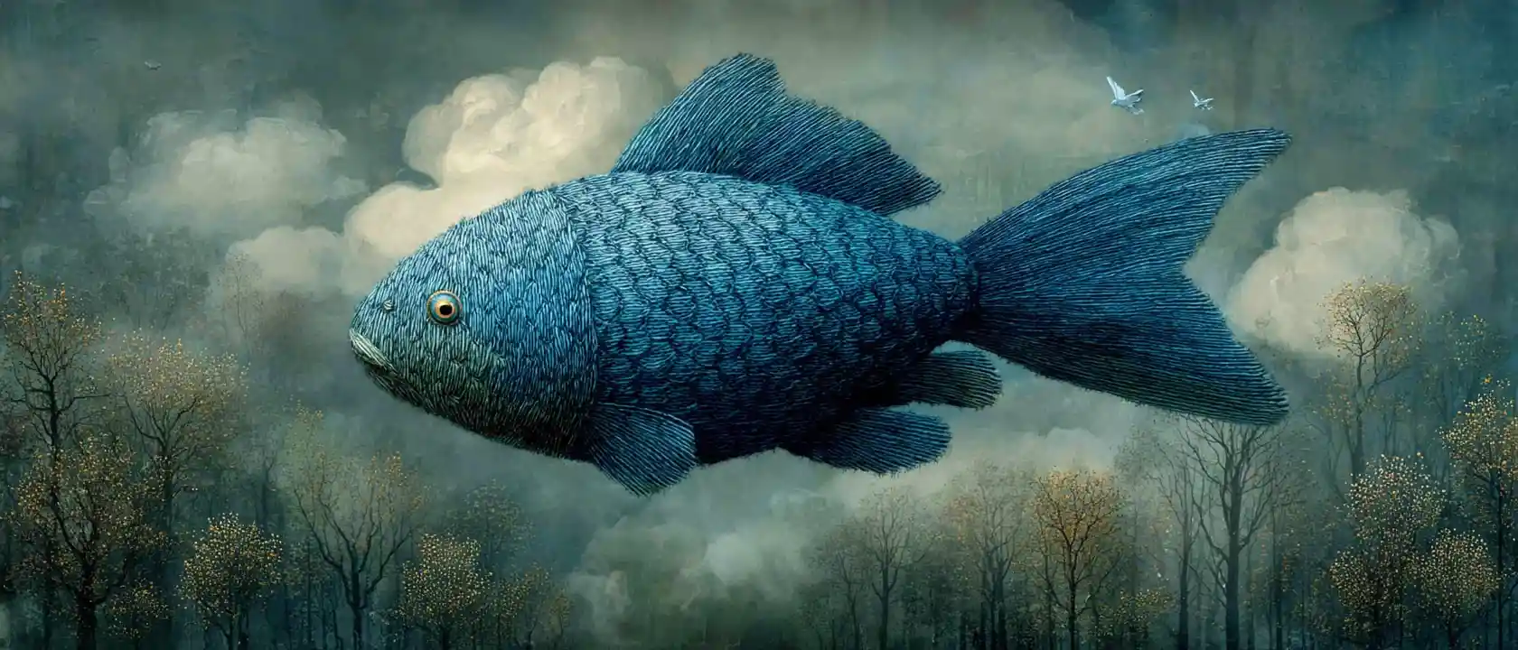 Poisson bleu surréaliste volant parmi les nuages dans la forêt