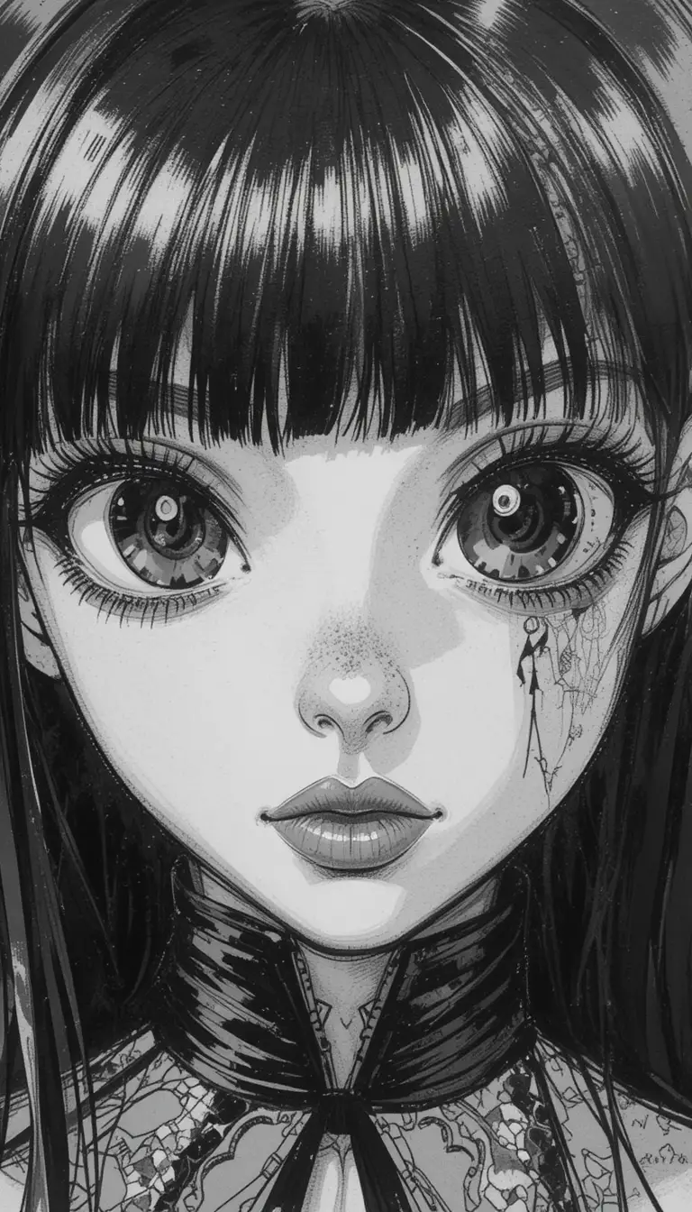 Moody anime girl portrait with slicked back dark hair