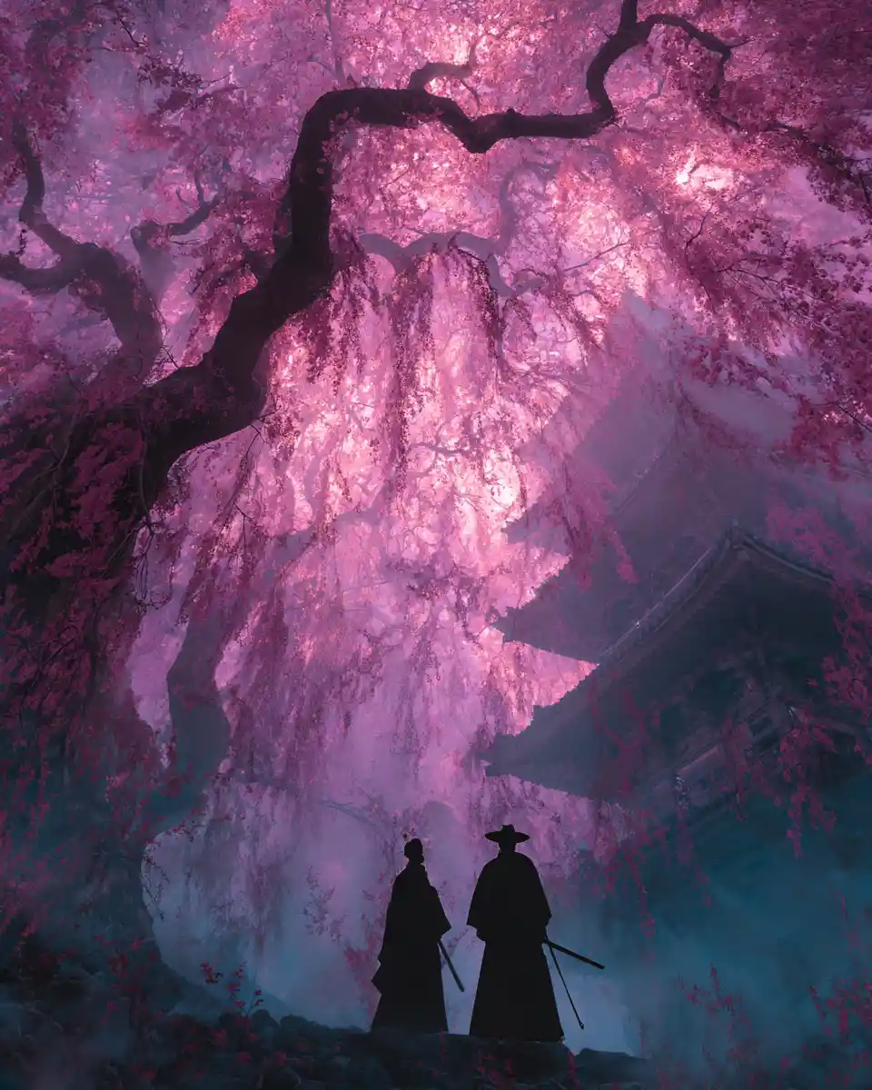 Silhouetted geisha and samurai with cherry blossoms