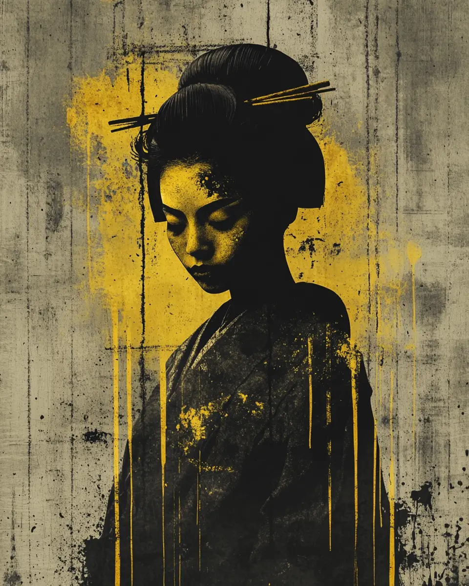Gritty vintage portrait of a geisha with acid yellow drips