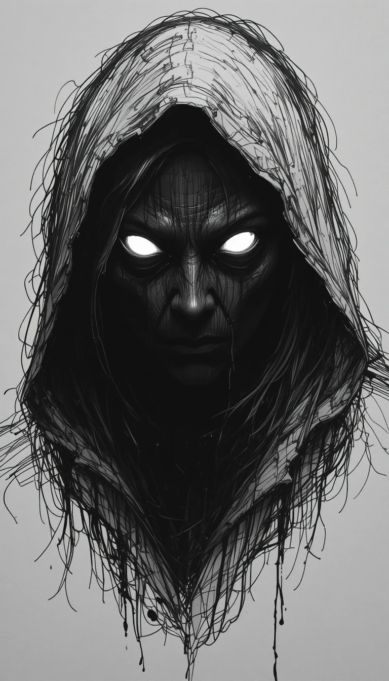 Creepy Hooded Figure With Glowing Eyes In Grayscale Sketch