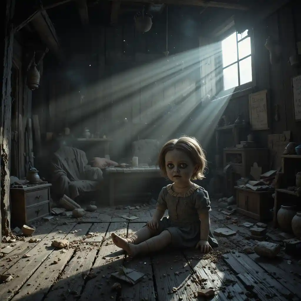 Creepy porcelain doll on a dusty attic wooden floor