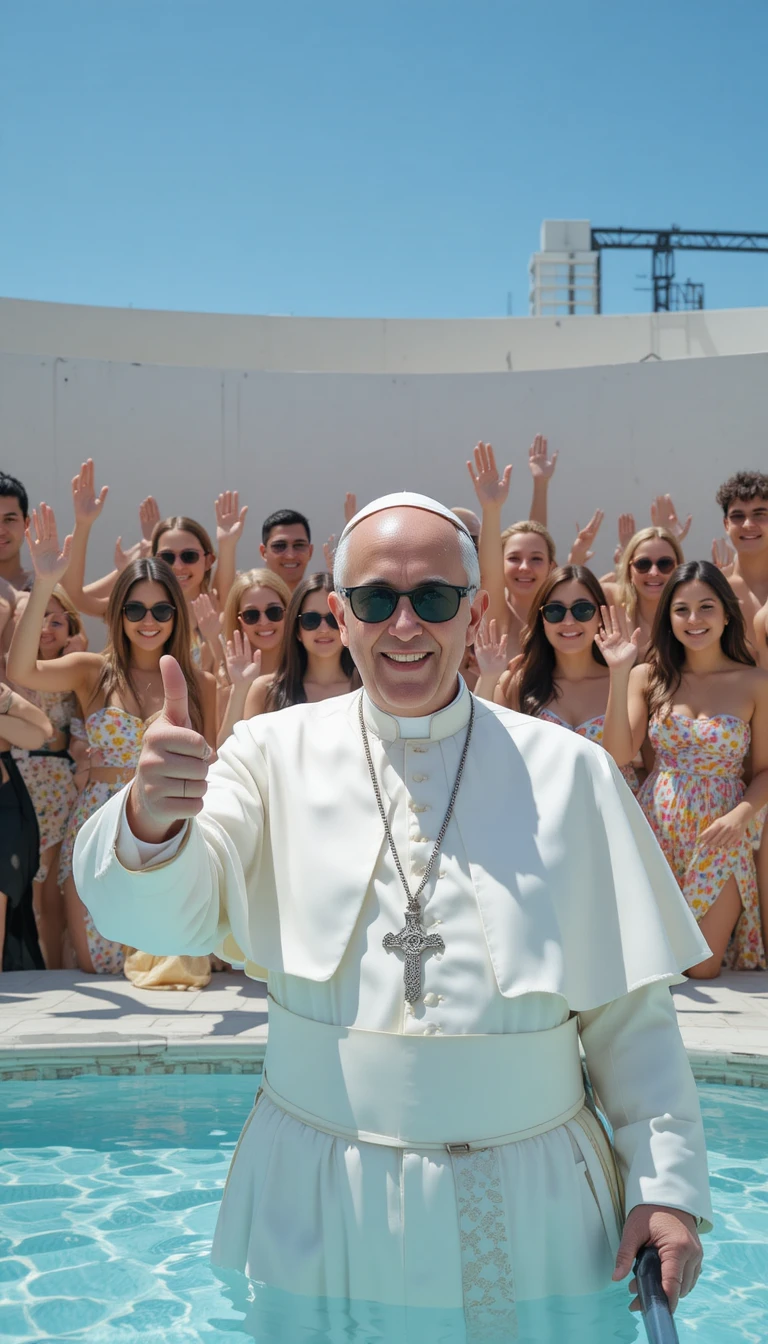 Pope in sunglasses giving a thumbs up in a pool