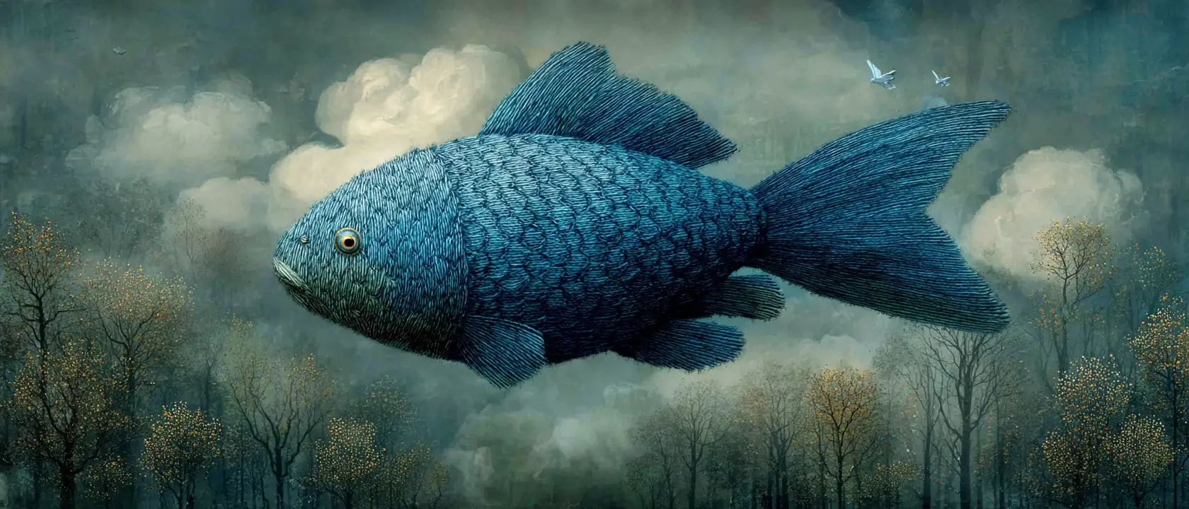 Surreal blue fish flying among clouds in forest