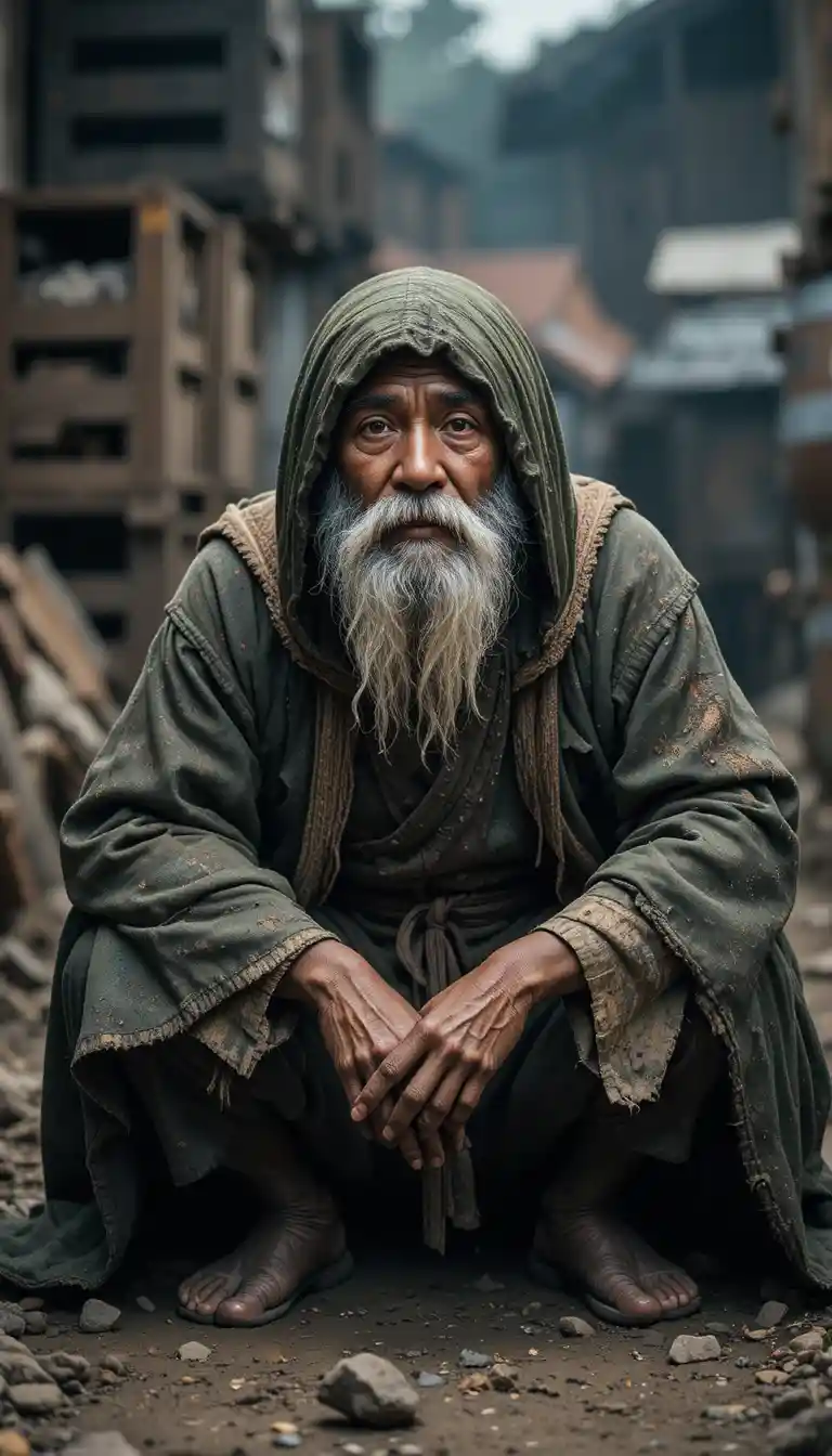 Weary older man in tattered cloak sitting by wooden crates