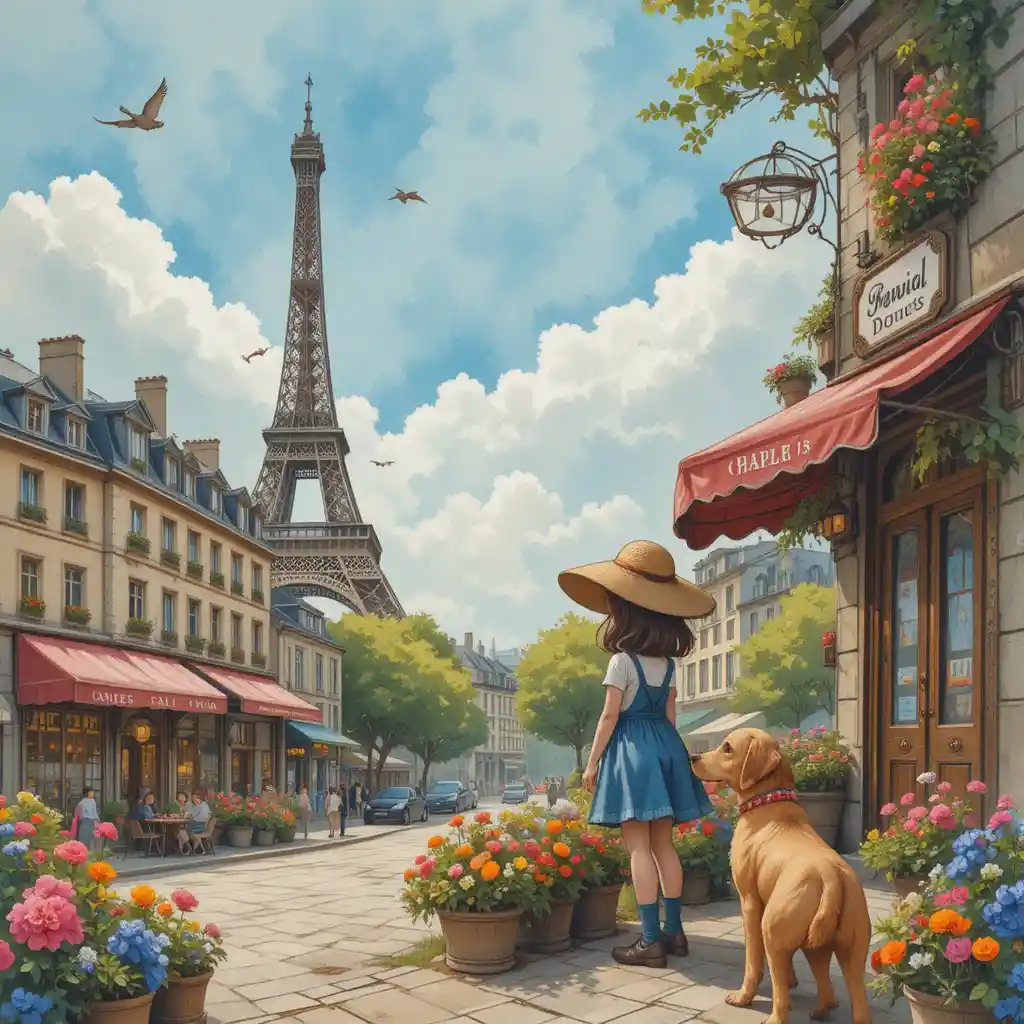 Whimsical girl at a Paris cafe watching the Eiffel Tower