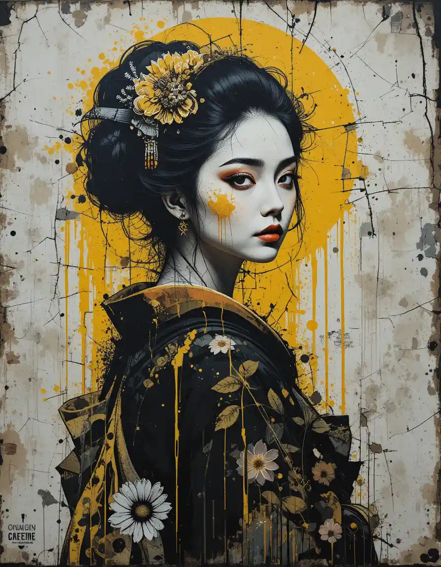 Gritty vintage portrait of a geisha against concrete wall