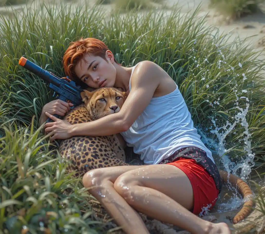 Man resting in grass beside a relaxed cheetah