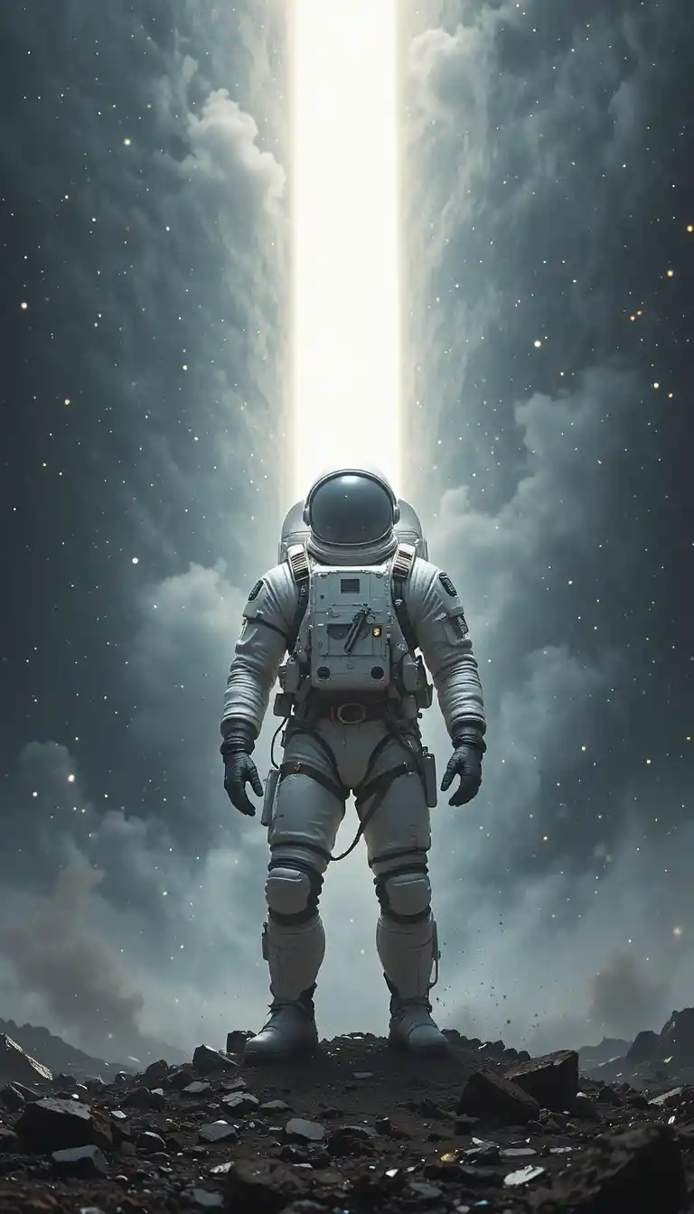 Astronaut Silhouetted Against Blinding Vertical Cosmic Light