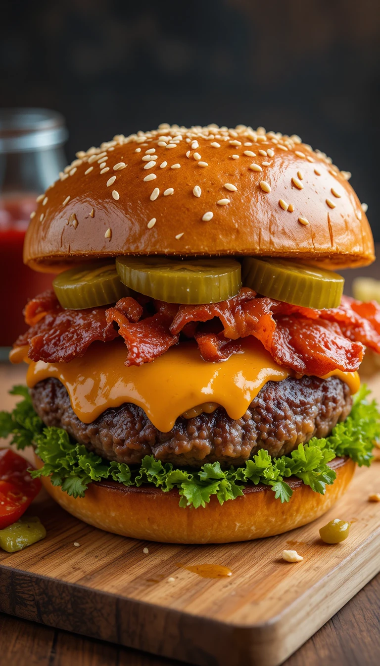 Jugoso cheeseburger con bacon y pepinillos sobre tabla de madera