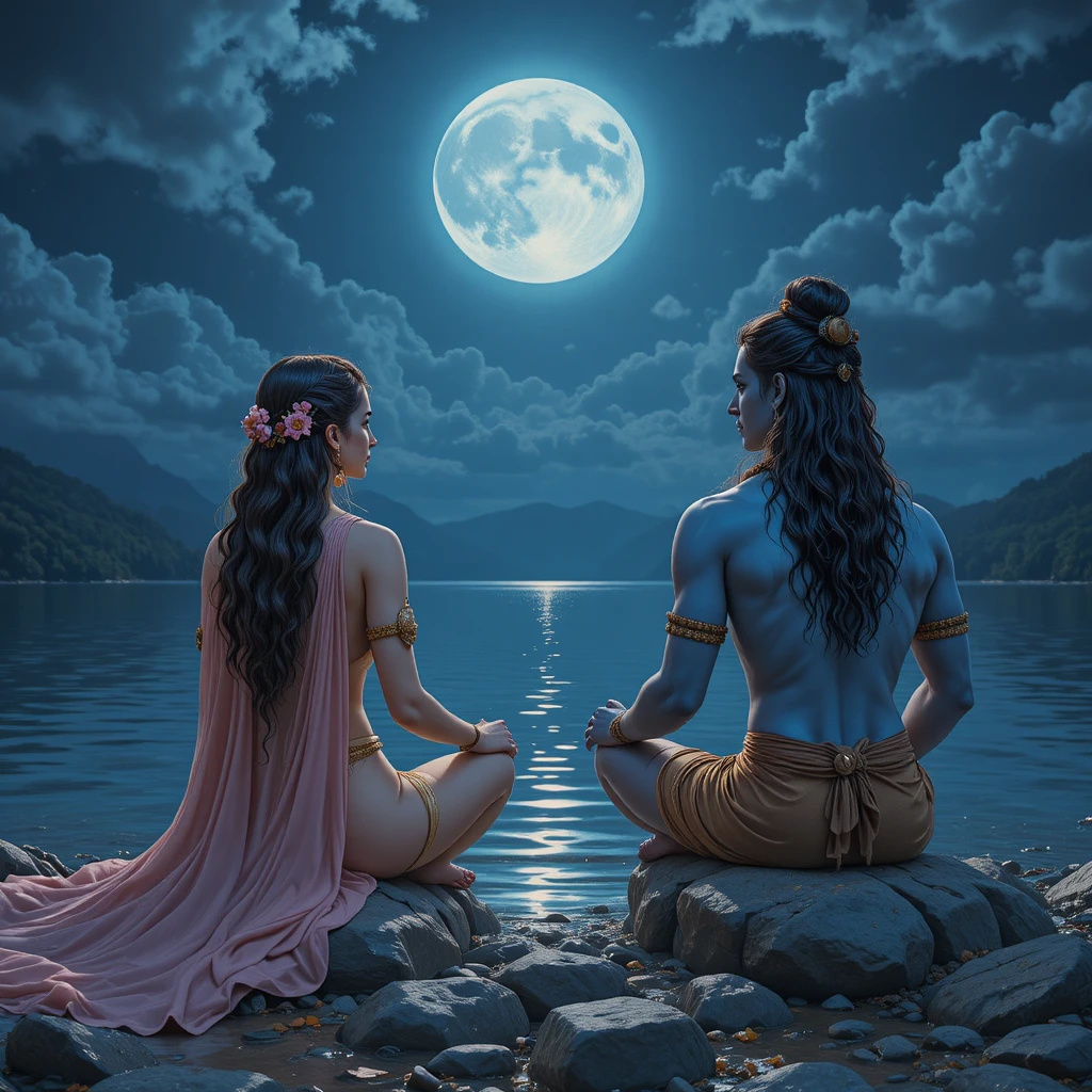 Pareja sentada junto a un lago iluminado por la luna bajo un cielo nocturno sereno