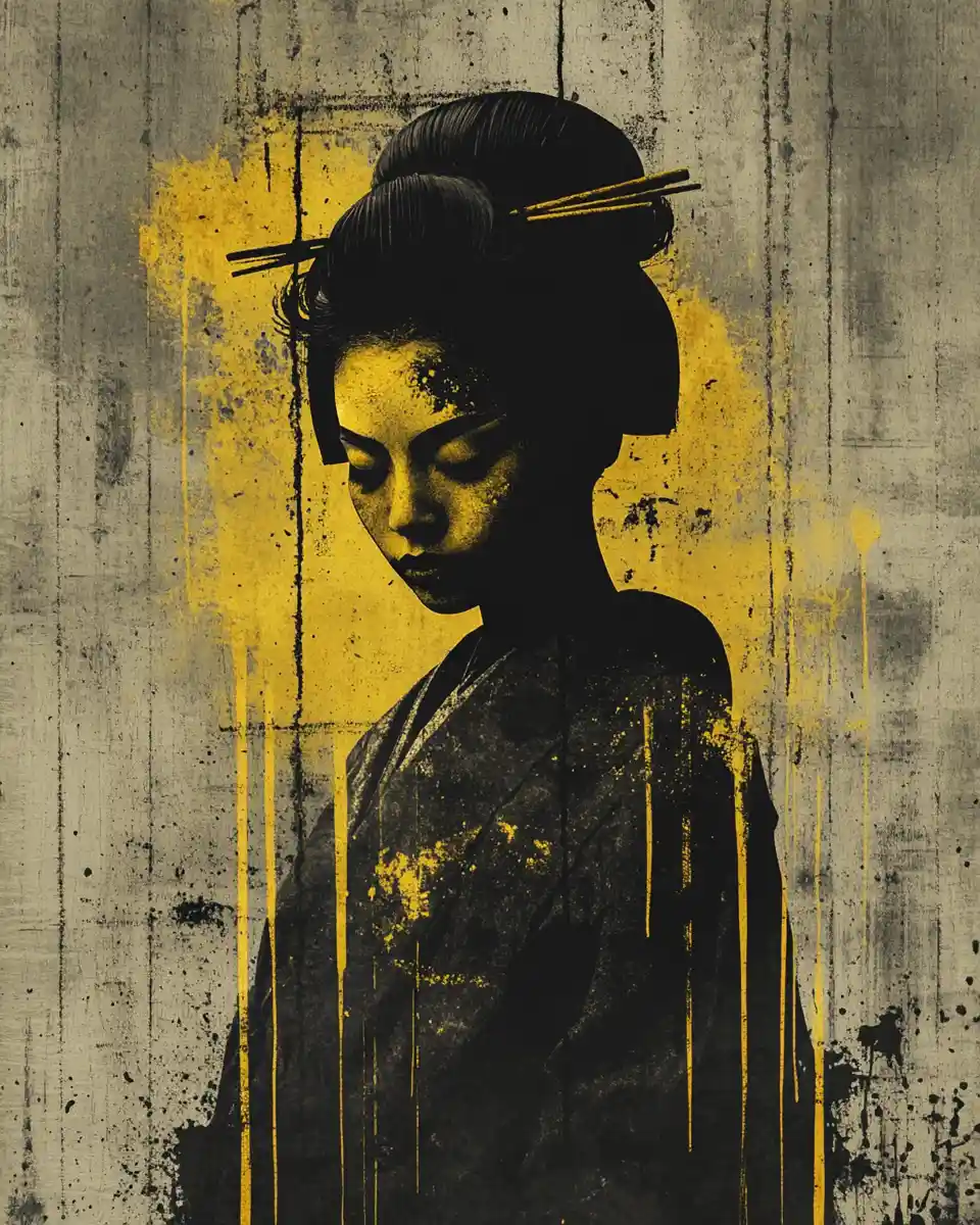 Gritty vintage portrait of a geisha with acid yellow drips