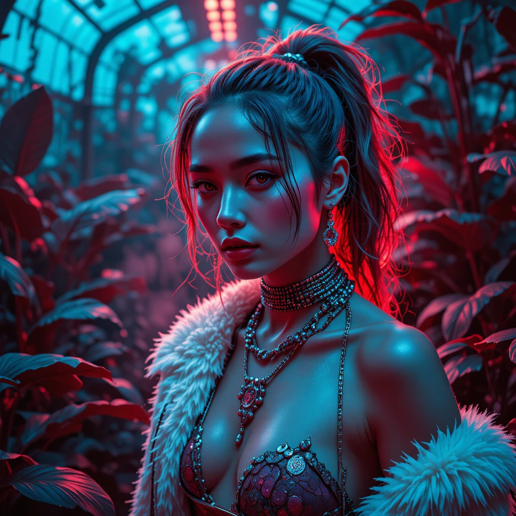 Retrato de locutora cyberpunk en un invernadero iluminado con neón