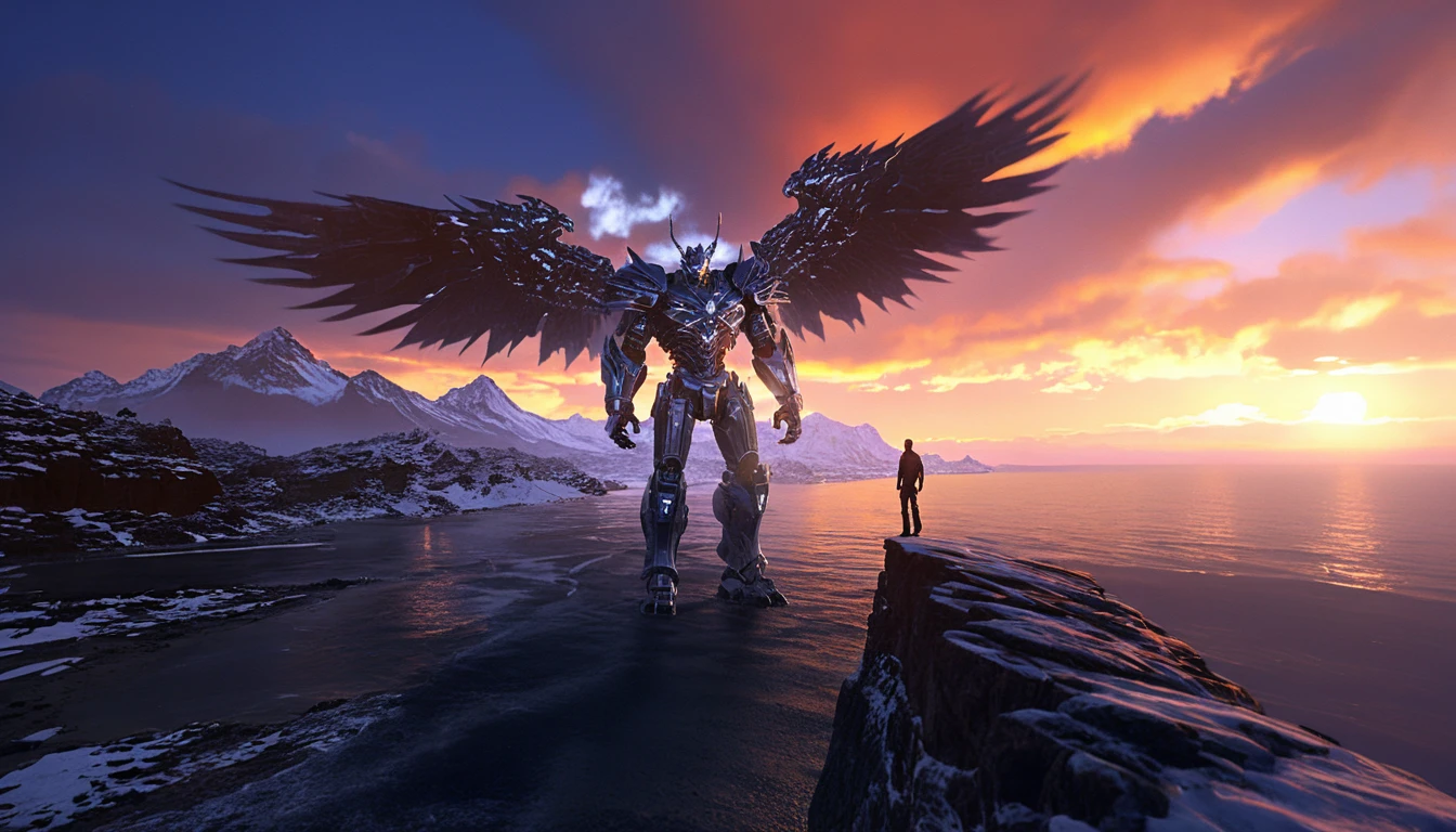 Bound demon raging against celestial judgment on a cliffside
