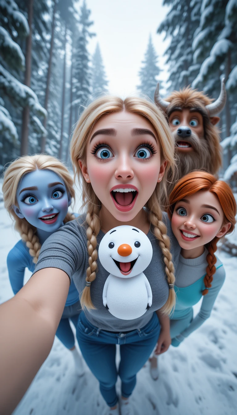 Playful winter group selfie in a snowy pine forest