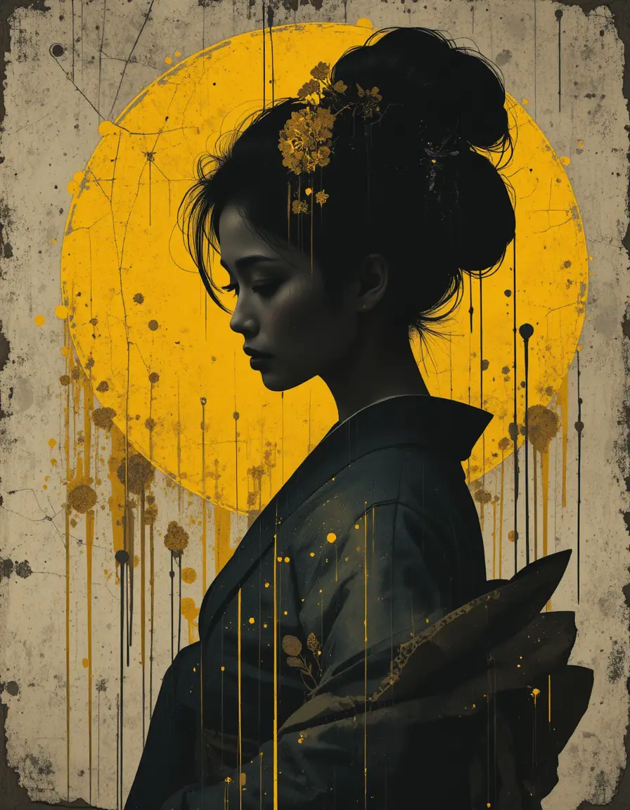 Gritty vintage portrait of a geisha with dripping yellow paint