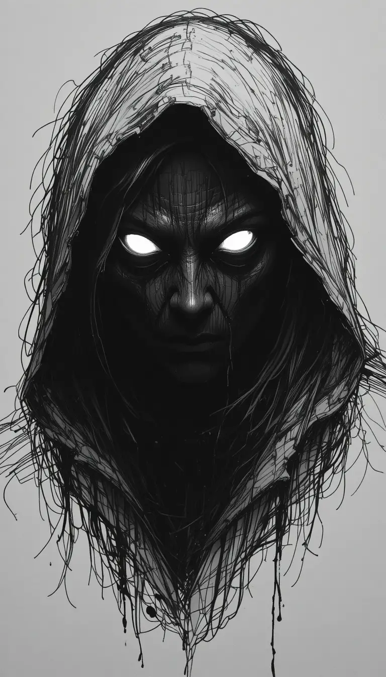 Creepy Hooded Figure With Glowing Eyes In Grayscale Sketch