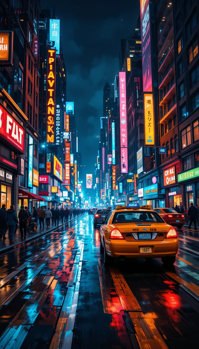 Yellow taxi on neon lit city street at night