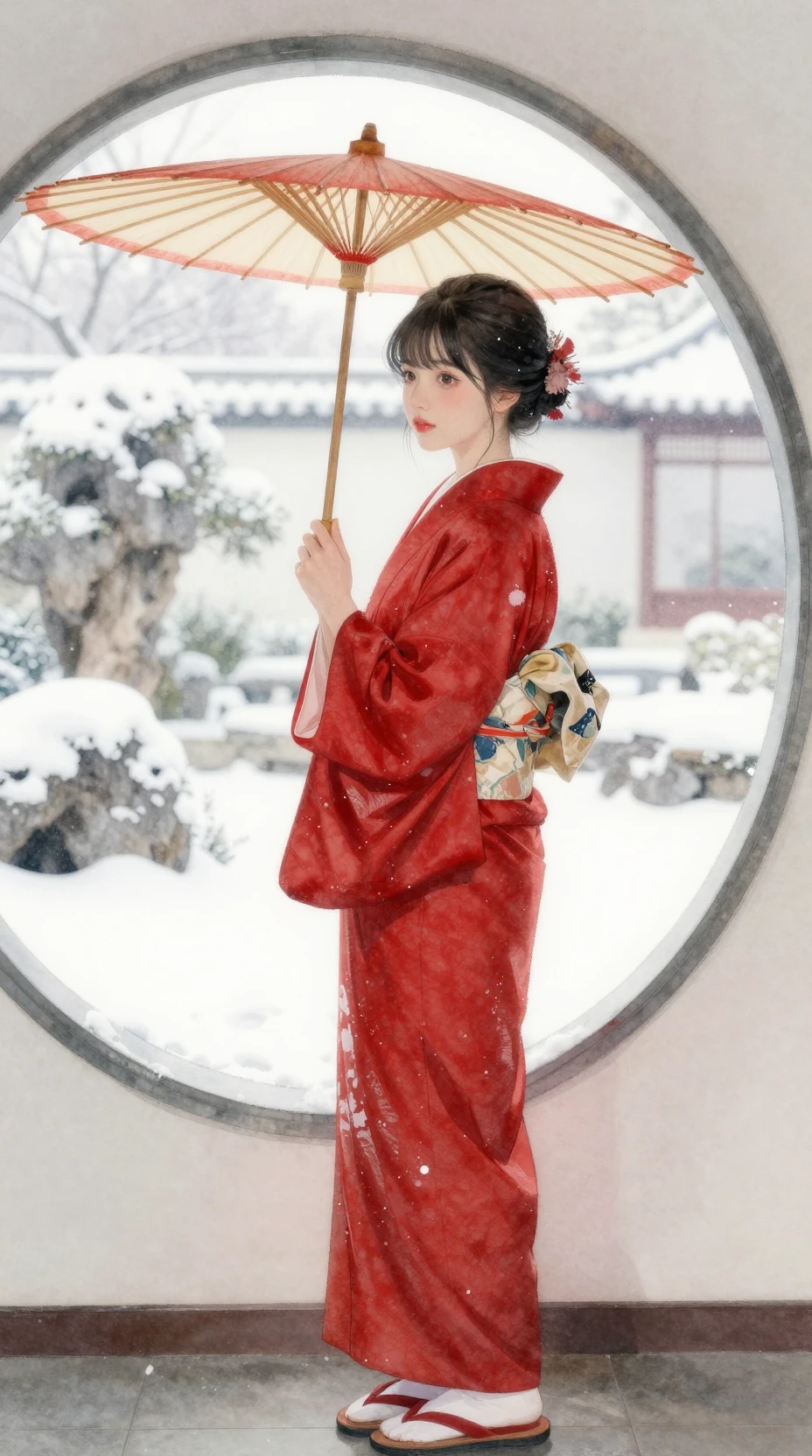紅色和服少女倚著雪景禪園窗