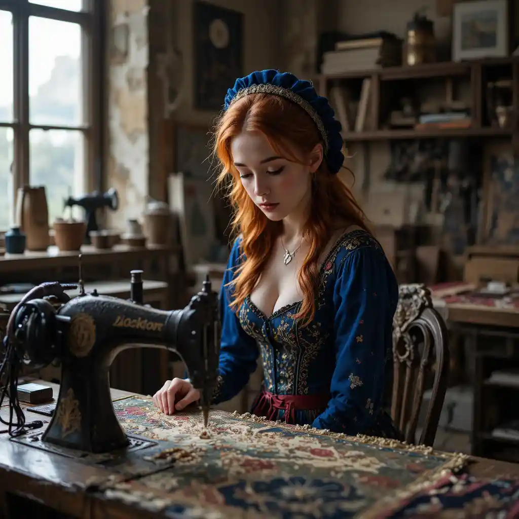 Pale european woman weaving a magical star tapestry