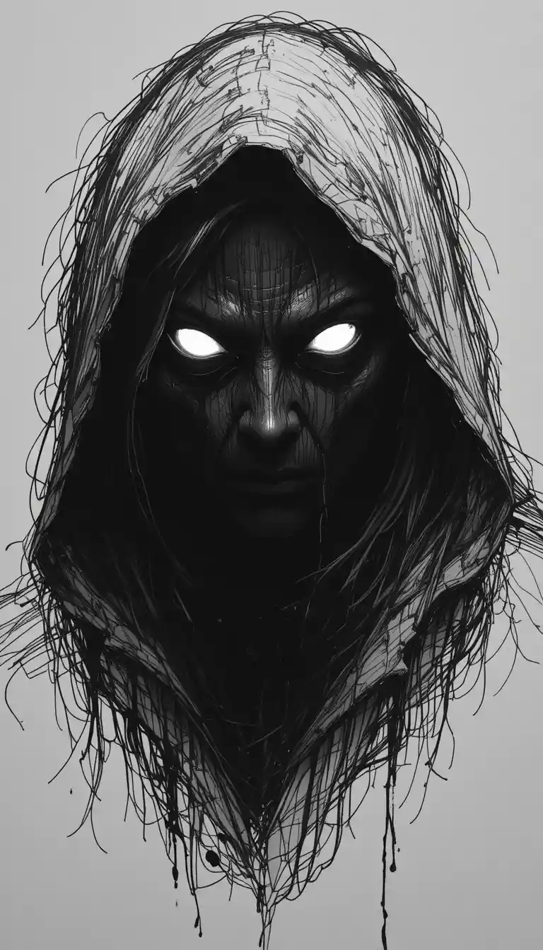 Creepy Hooded Figure With Glowing Eyes In Grayscale Sketch