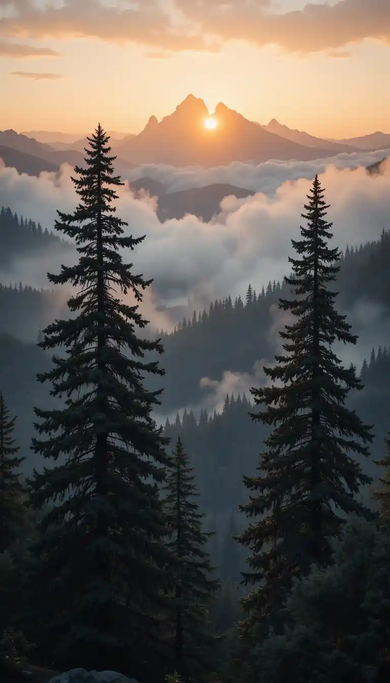 Floresta montanhosa enevoada ao amanhecer com luz quente
