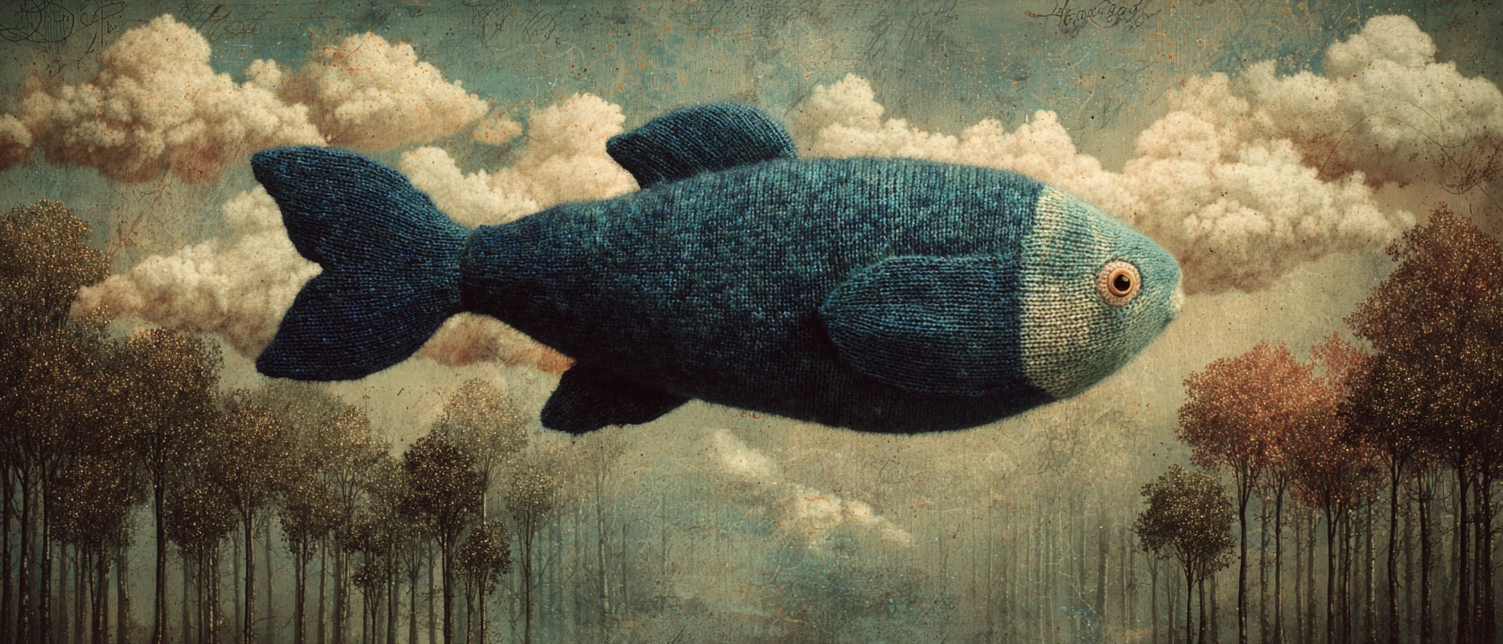 Pez azul tejido y surreal volando entre nubes en el bosque