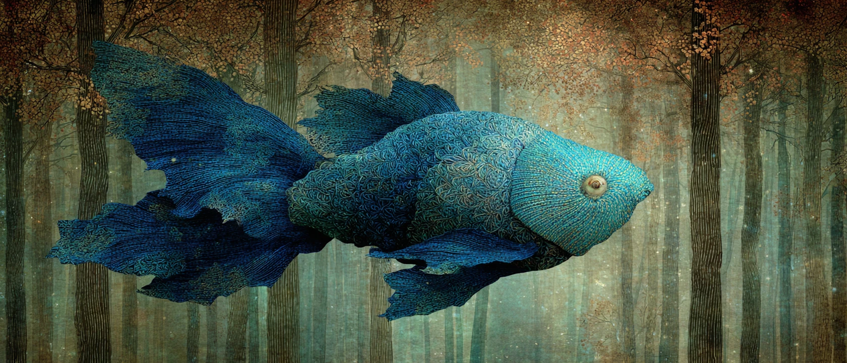 Pez azul surreal volando entre nubes en un bosque mágico