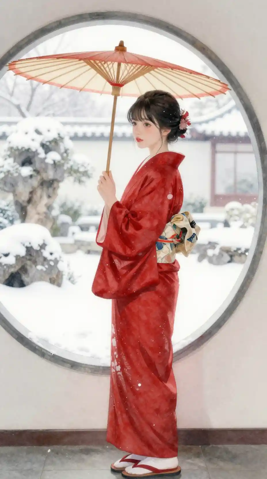 Girl in red kimono by a snowy zen garden window
