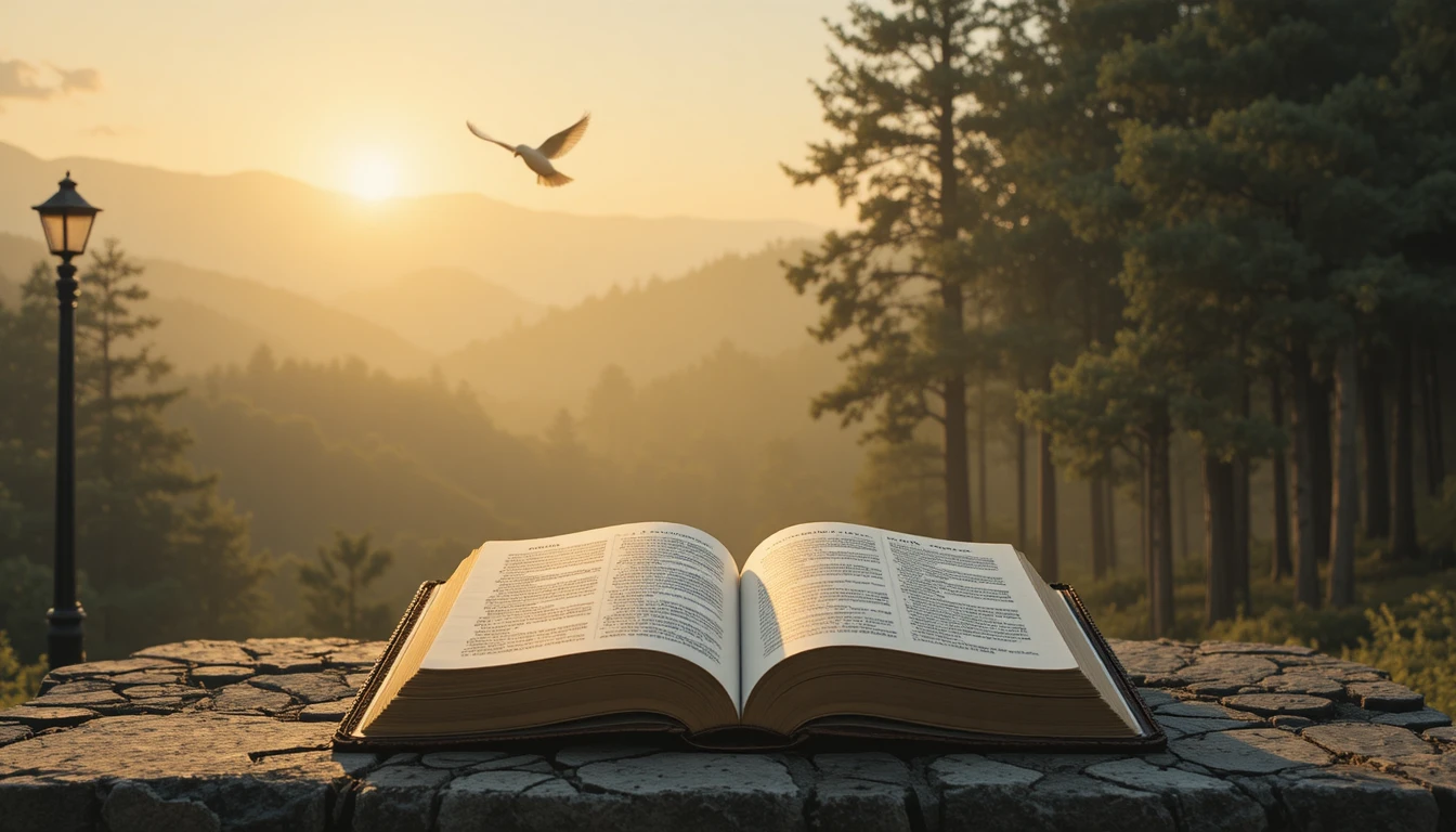 Antica Bibbia su altare di pietra all’alba in una foresta nebbiosa