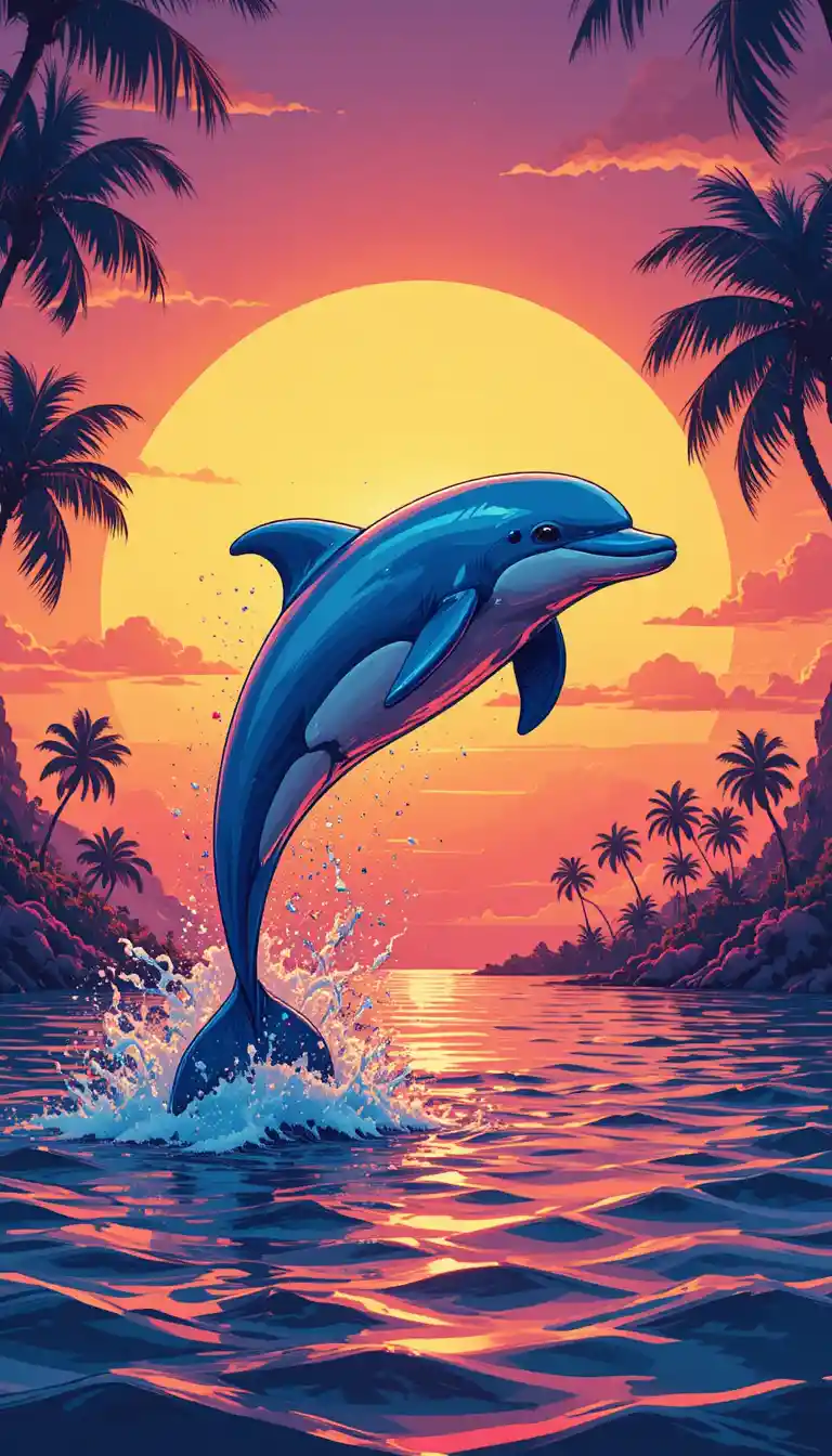 Dolphin leaping before a vivid tropical sunset sky