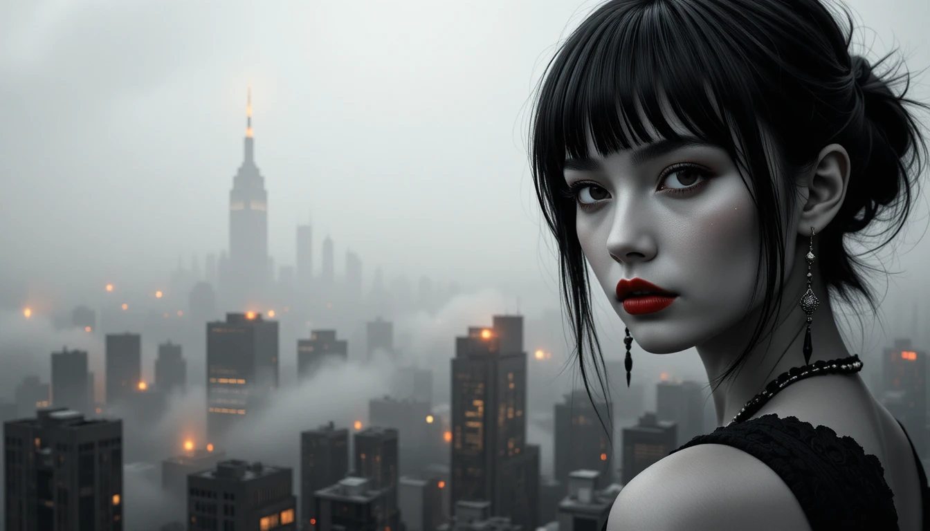Ritratto surreale di una donna sopra uno skyline urbano avvolto nella nebbia