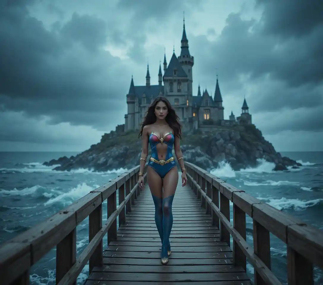 Confident heroine on a bridge to a gothic sea castle