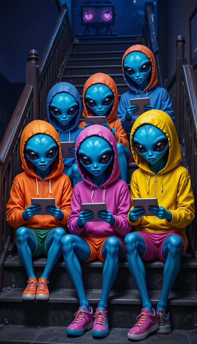 Extraterrestres azules y coloridos en escaleras absortos en tablets brillantes
