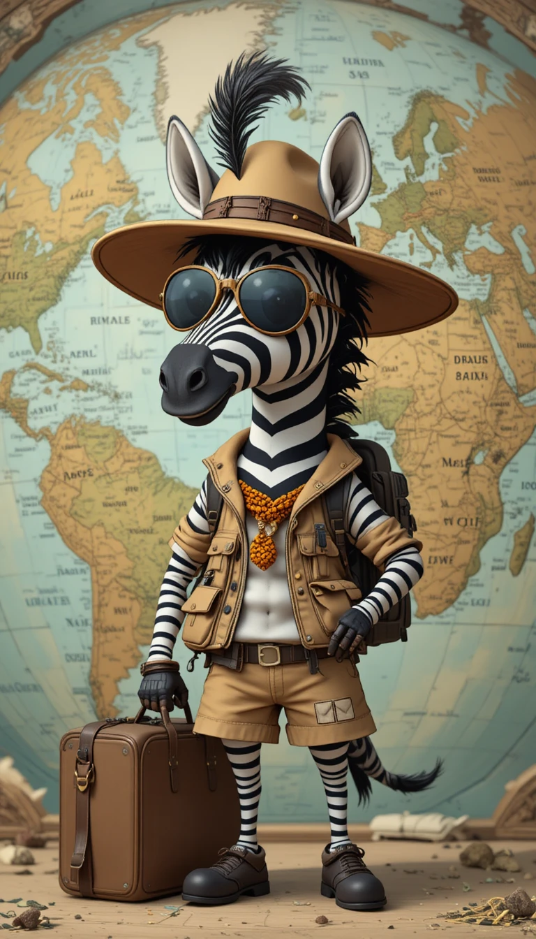 Cartoon zebra traveler in safari outfit with map background