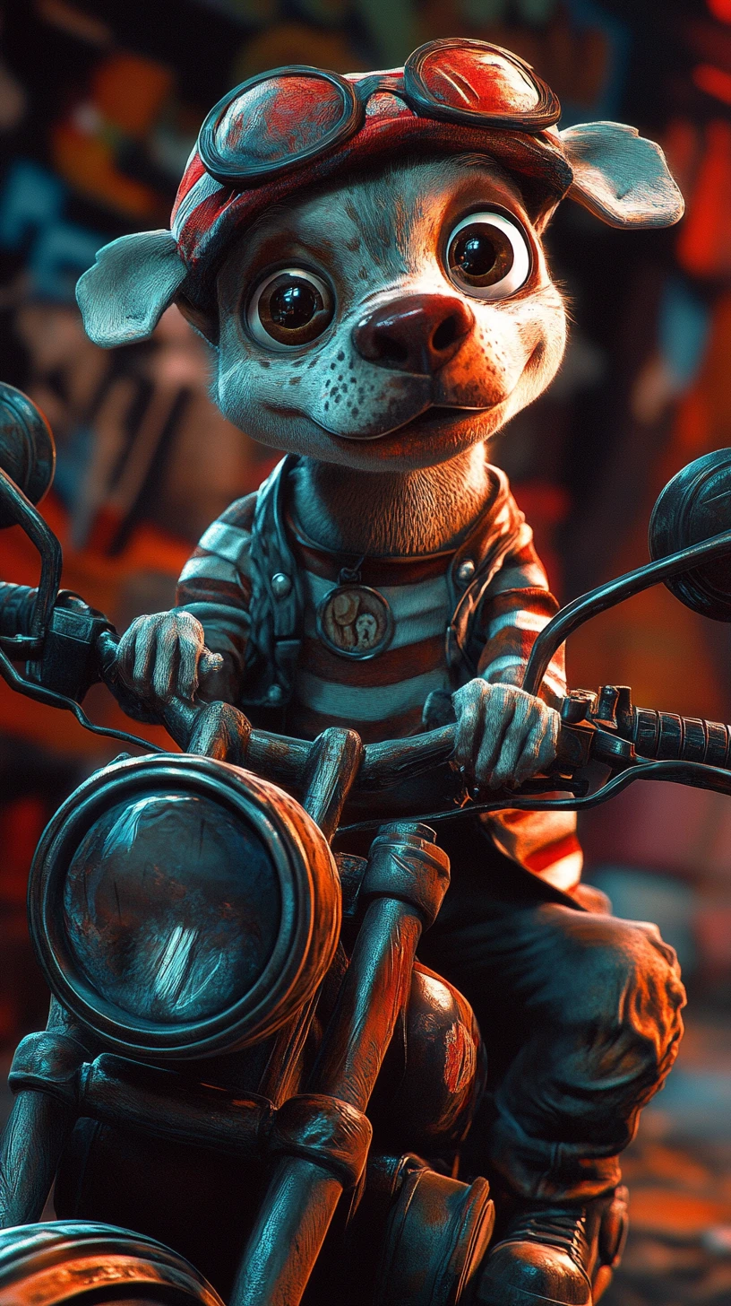 Perro caricaturesco y juguetón montando una motocicleta con estilo extravagante