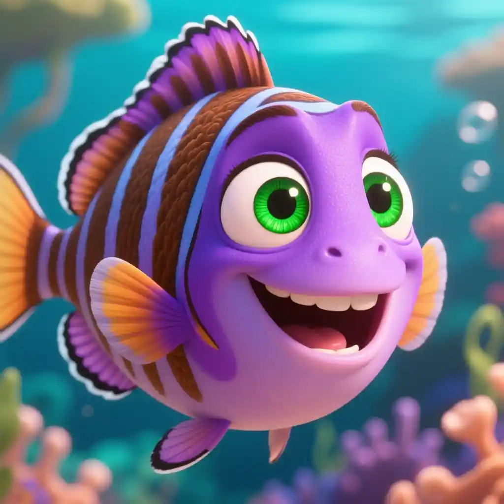 Pez morado alegre con ojos verdes en estilo caricatura 3D