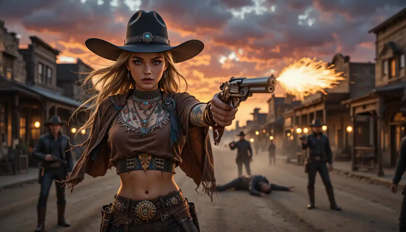 Female sheriff in a tense old west street gunfight