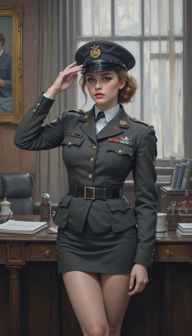 Glamorous woman in military uniform saluting in office
